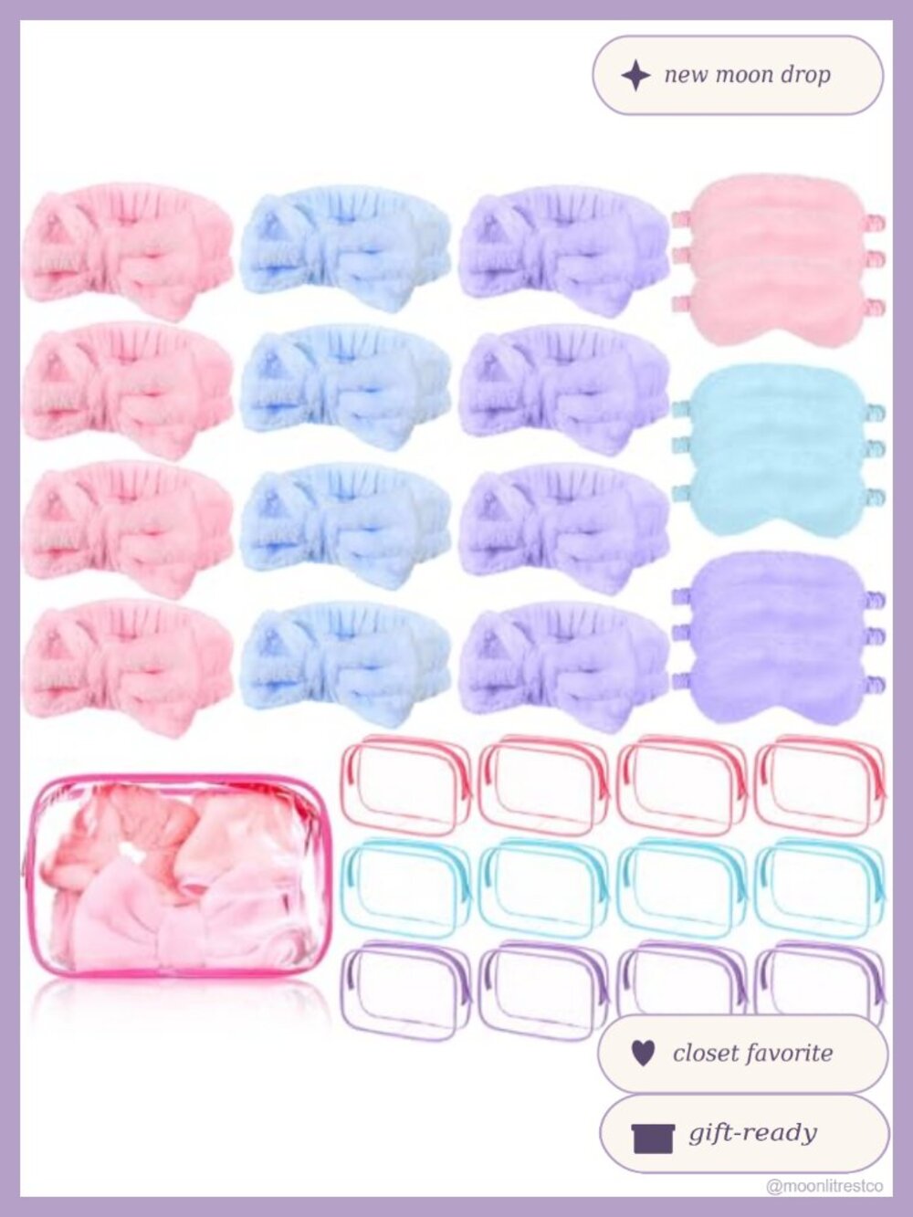 Coral Velvet Spa Headbands Plush Eye Masks Cosmetic Bags Sleepover Party Set